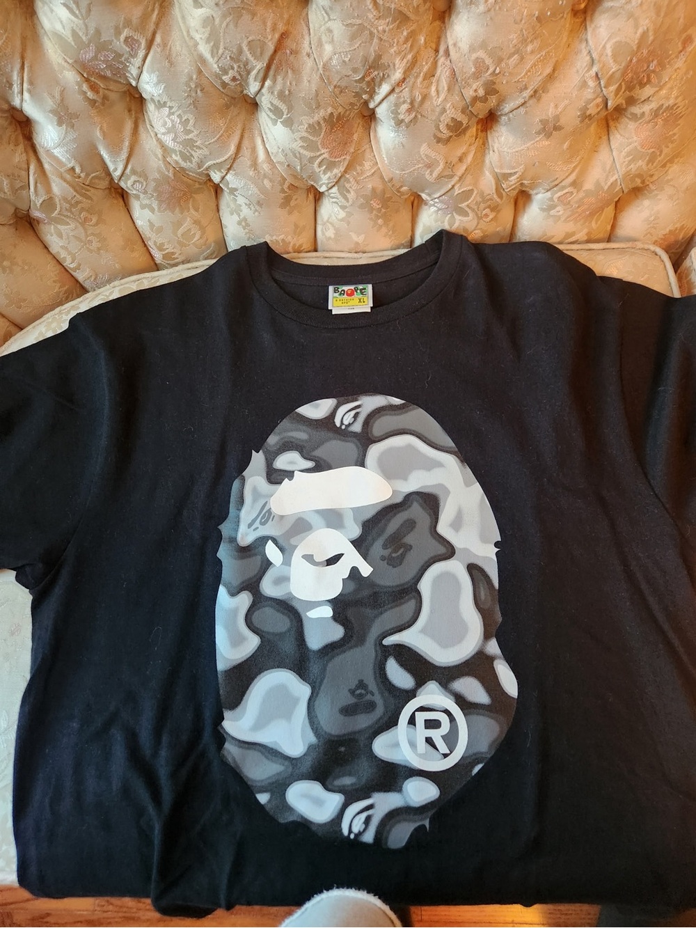 Bape Black Tee with Gray Camo Ape Head Graphic